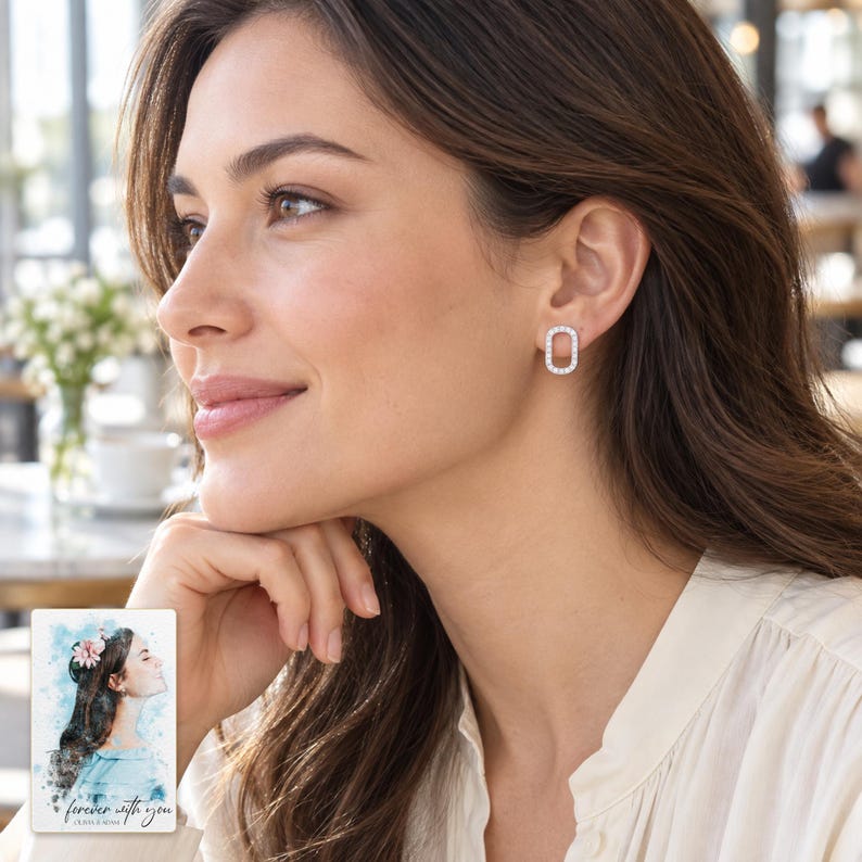 Rounded Rectangle Stud Earrings, worn with daytime clothing. A sample personalized digital greeting card is shown alongside.