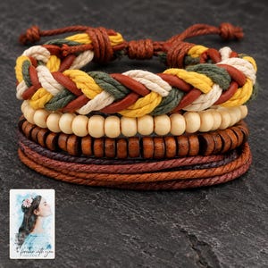 Layered Woven Bracelet, shown against a dark background. A sample personalized digital greeting card is shown alongside.