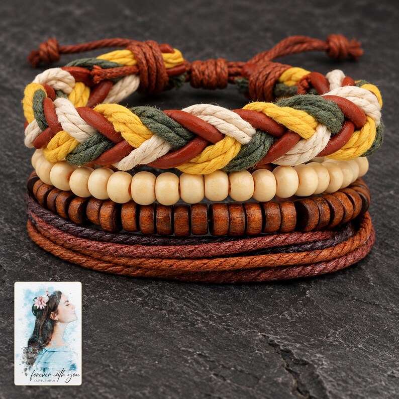 Layered Woven Bracelet, shown against a dark background. A sample personalized digital greeting card is shown alongside.