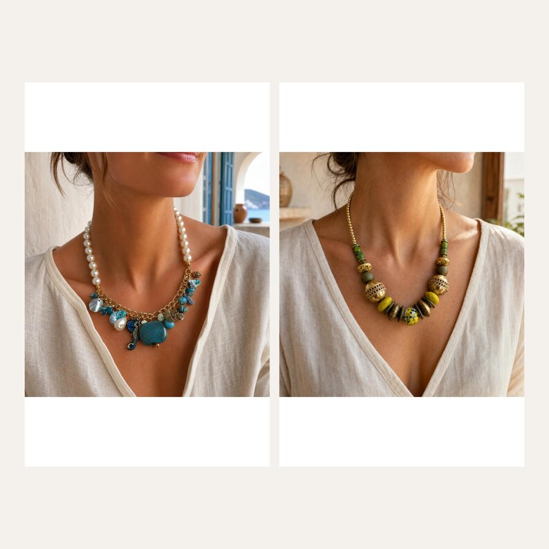Puede incluir: Dos collares mostrados lado a lado. El collar izquierdo presenta perlas blancas, cadena dorada y dijes azules que incluyen un caballito de mar. El collar derecho consiste en cuentas verdes y doradas con esferas met&aacute;licas texturizadas.