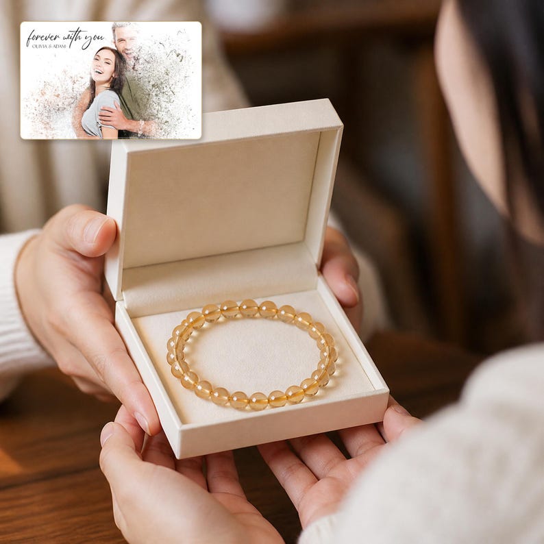 Sunny Faceted Bead Bracelet shown during a believable gift-giving moment between adults with the exact jewelry visible.
