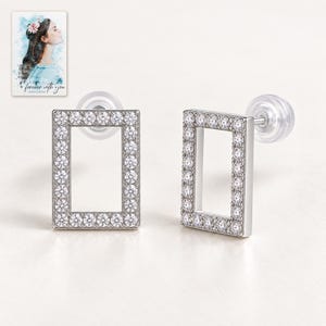 Rectangle Moissanite Stud Earrings, shown against a light background. A sample personalized digital greeting card is shown alongside.