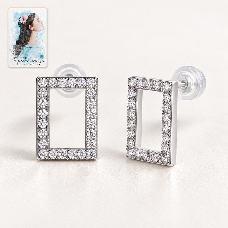 Rectangle Moissanite Stud Earrings, shown against a light background. A sample personalized digital greeting card is shown alongside.