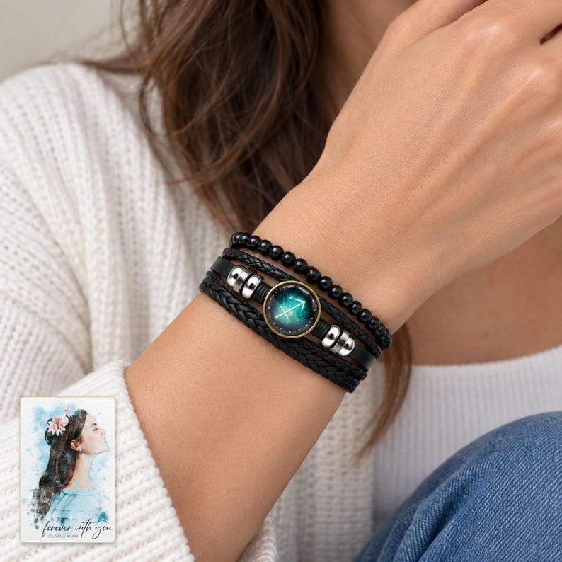 Zodiac Sign Bracelet, worn by an adult. A sample personalized digital greeting card is shown alongside.