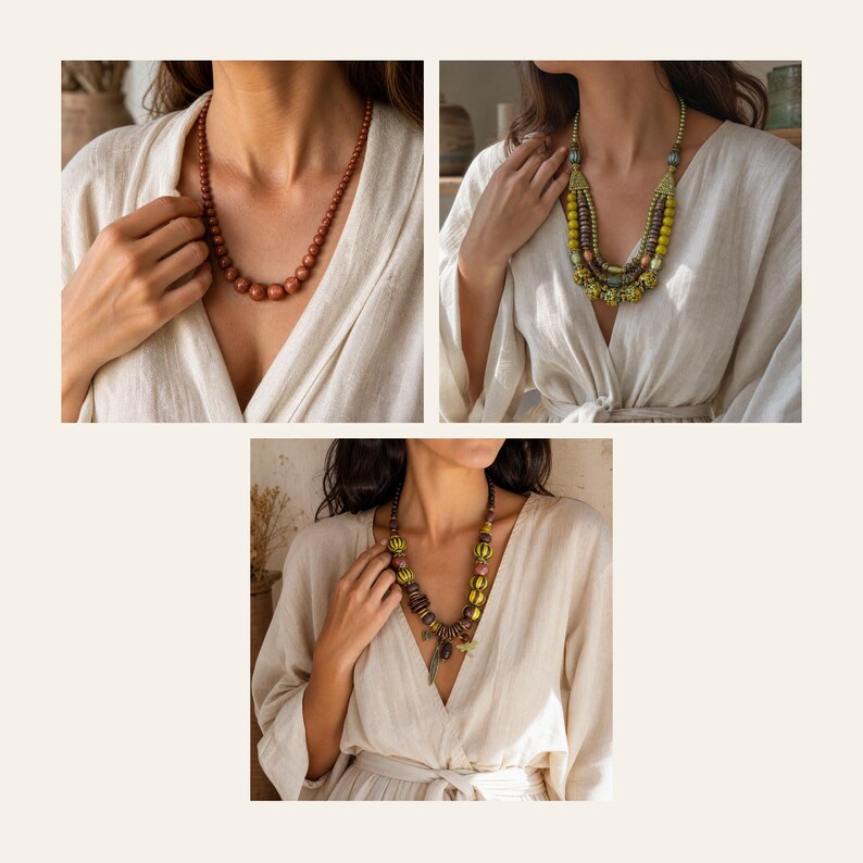 Puede incluir: Una colecci&oacute;n de tres collares que incluye un collar de cuentas marrones de una sola hebra, un collar de varias hebras con cuentas verdes y marrones, y un collar de una sola hebra con cuentas grandes verdes y marrones estampadas y un dije de hoja.