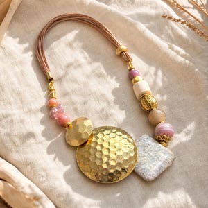 Gift ready presentation of Bronze and Beige Statement Beaded Necklace, Boho Handmade Jewelry, Artisan Gift for Her in an open jewelry box lined with natural ivory linen