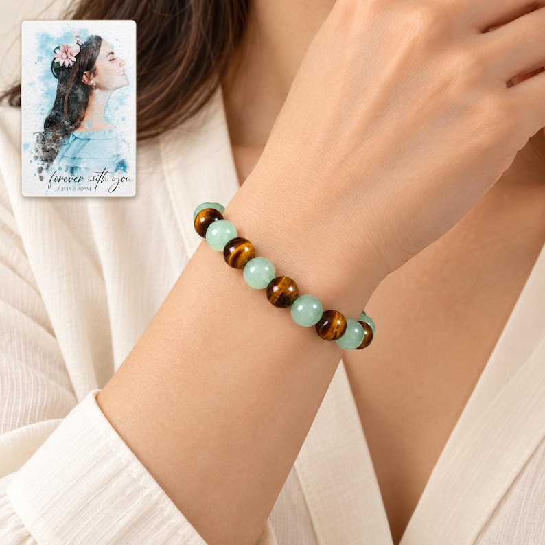 Forest Amber Bead Bracelet worn by an adult model for styling and everyday styling. A personalized digital greeting card is shown alongside.