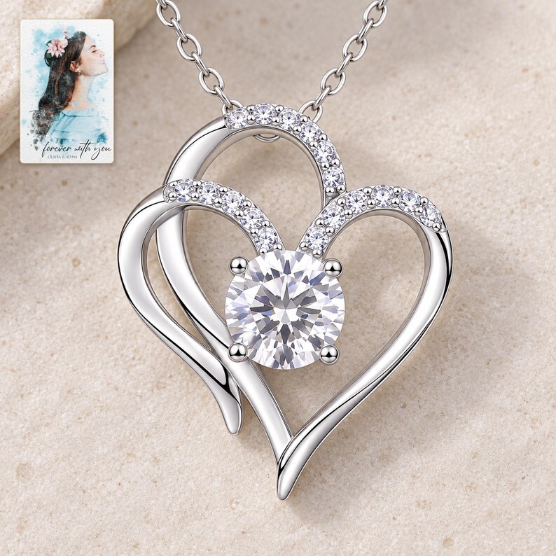 Double Heart Pendant Necklace, shown on a display surface. A sample personalized digital greeting card is shown alongside.