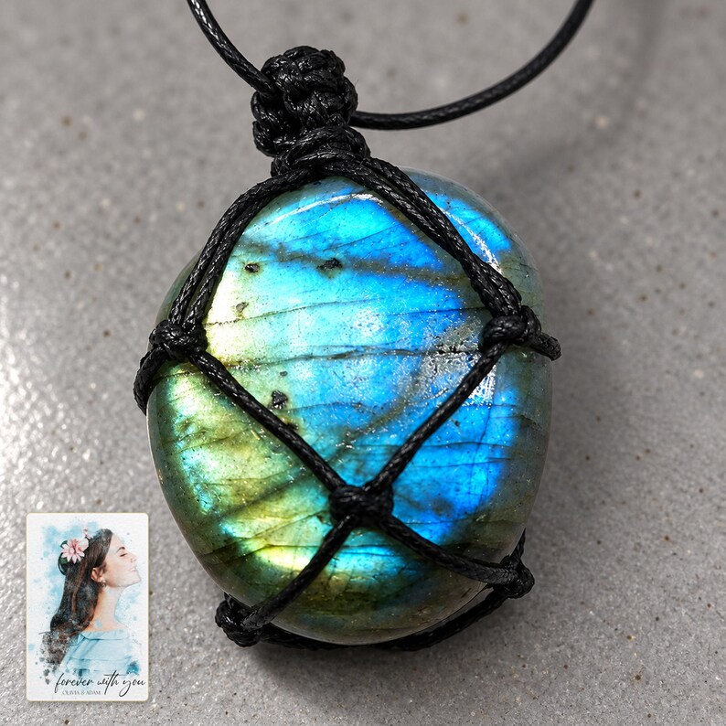 Labradorite Pendant Necklace, macro detail view. A personalized digital greeting card is shown alongside.