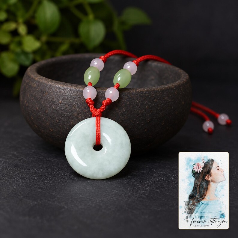 Peace Circle Green Cord Necklace styled against a dark luxury surface with the exact product finish clearly visible. A personalized digital greeting card is shown alongside.