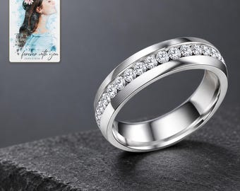 Silver Tone Band Ring, Single Row Clear Accents and Personalise Polished Edges
