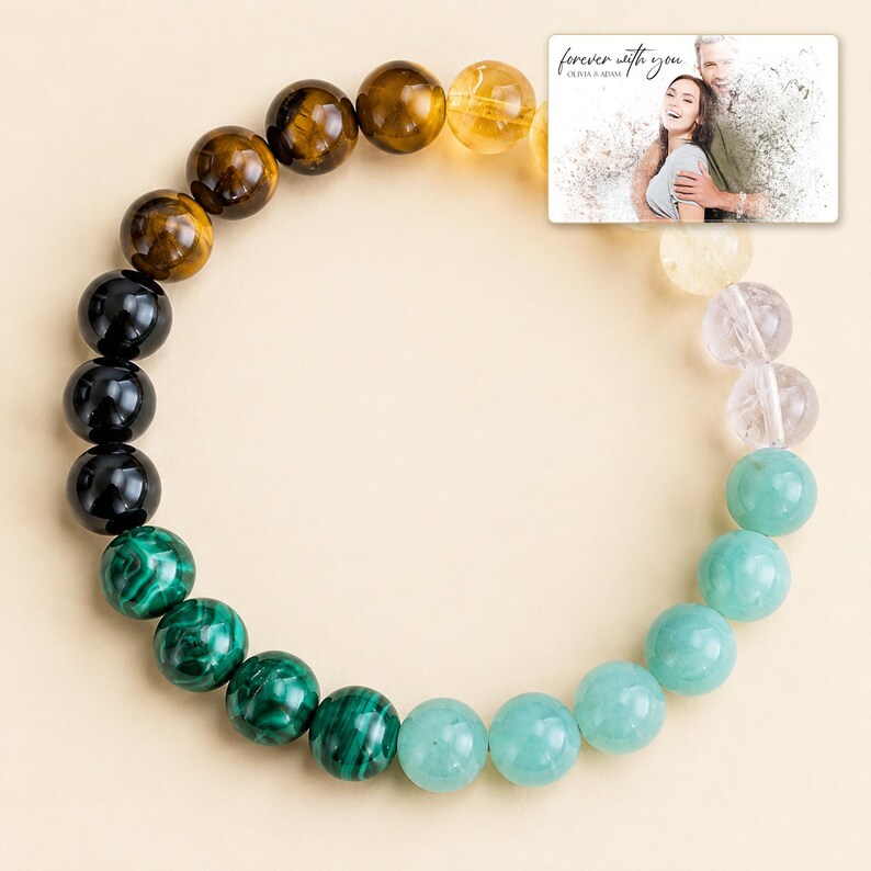 Aqua, yellow, black and green round bead bracelet, design B, shown with an optional personalized digital greeting card.