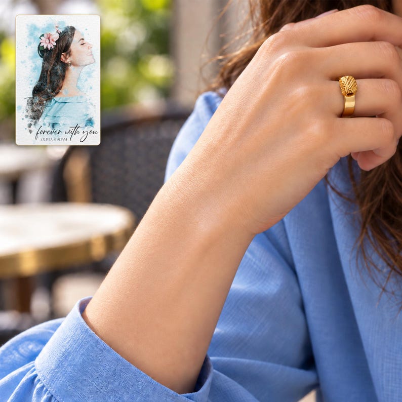 Metallic Bead Jewelry Suite worn by an adult in a natural daytime lifestyle scene. A personalized digital greeting card is shown alongside.
