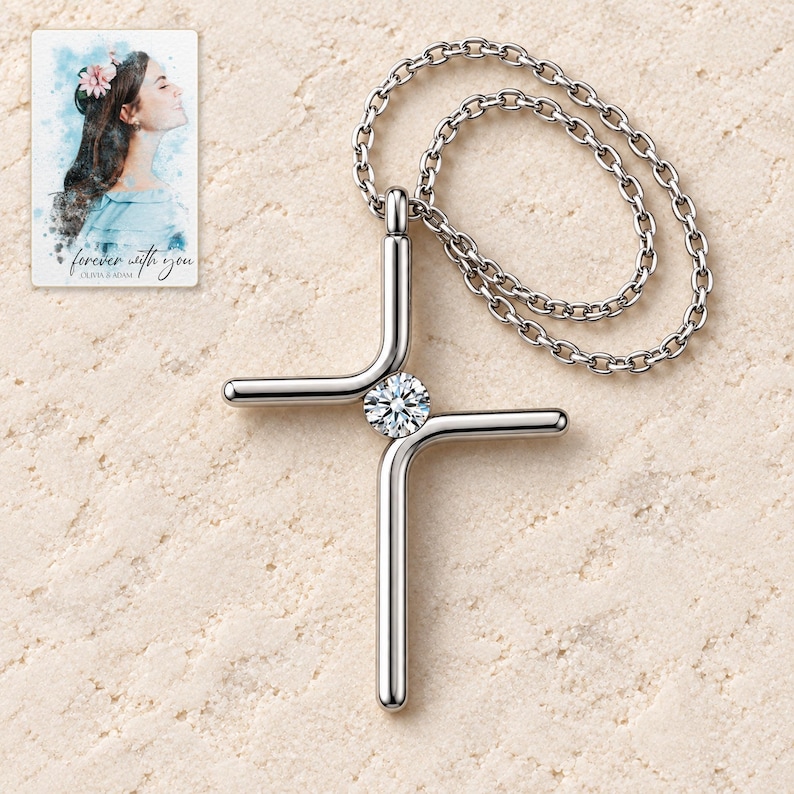 Cross Pendant Necklace, shown on a display surface. A sample personalized digital greeting card is shown alongside.