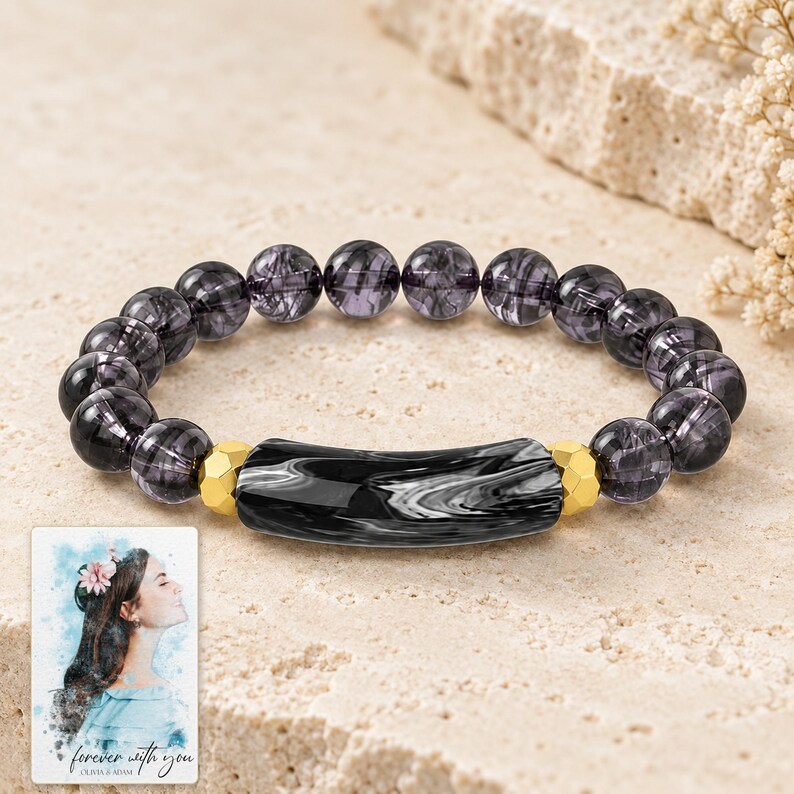 Midnight Marble Bar Bracelet shown as the main Etsy hero photograph with a clear view of the complete design. A personalized digital greeting card is shown alongside.