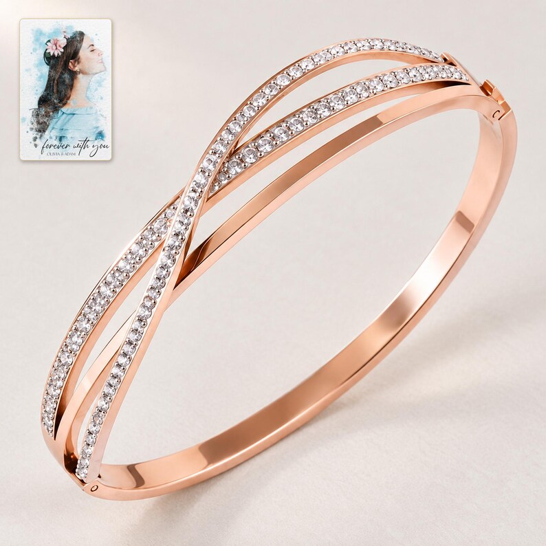 Crossover Bangle Bracelet, close-up of the details. A sample personalized digital greeting card is shown alongside.