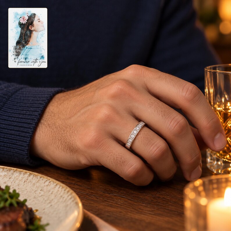 Moissanite Band Ring, worn with evening clothing. A sample personalized digital greeting card is shown alongside.