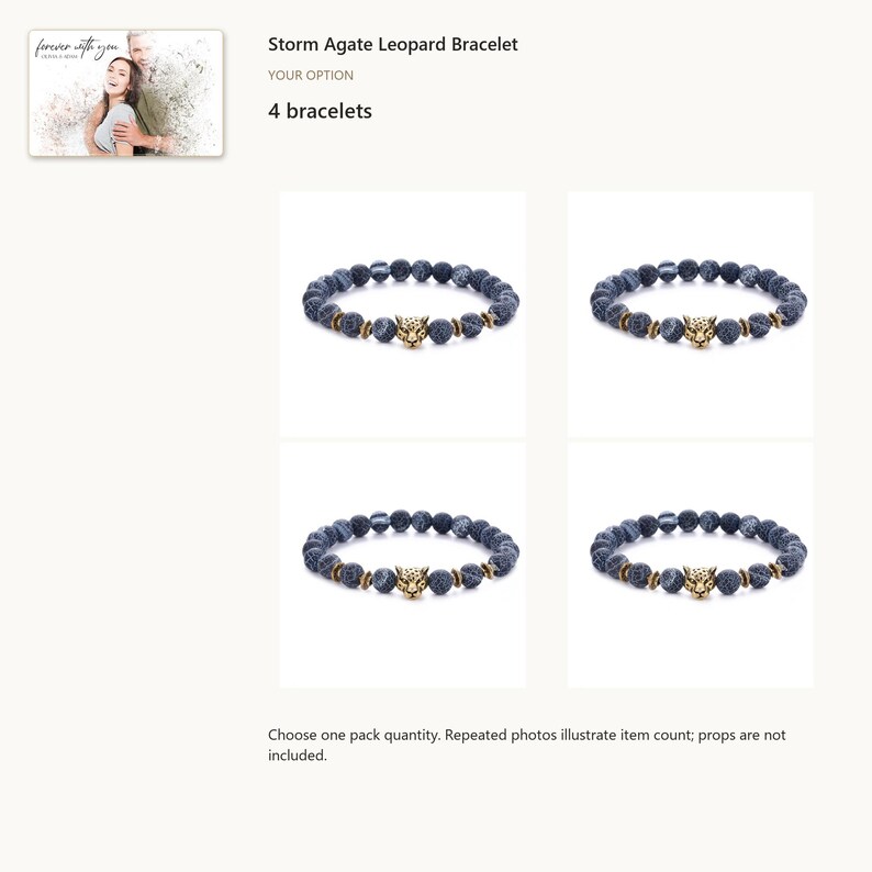 4 Bracelets. Gray Agate Bead Bracelet. A personalized digital greeting card is shown. Select the pictured option when ordering.