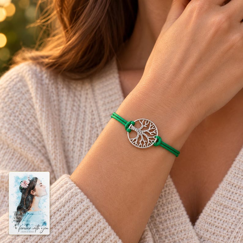 Tree of Life Cord Bracelet, worn with evening clothing. A sample personalized digital greeting card is shown alongside.