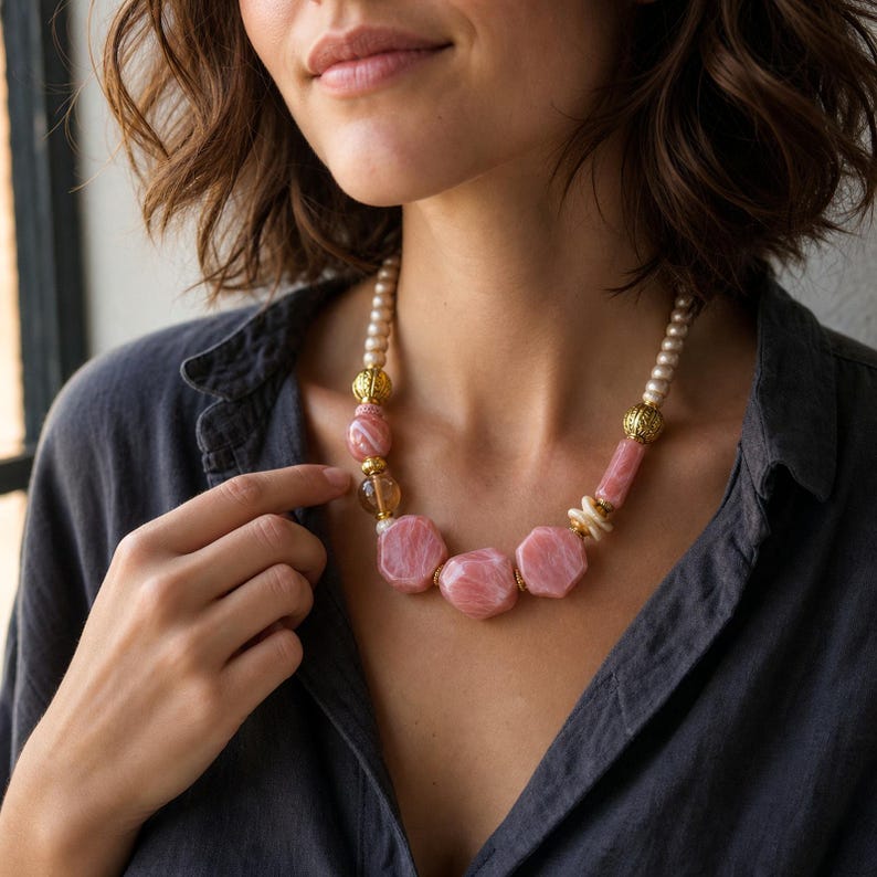 Three-piece handmade necklace set featuring brown and rose gold beaded necklace, silver and brown beaded necklace and brown and beige beaded necklace, displayed together to show the coordinated colors and beadwork