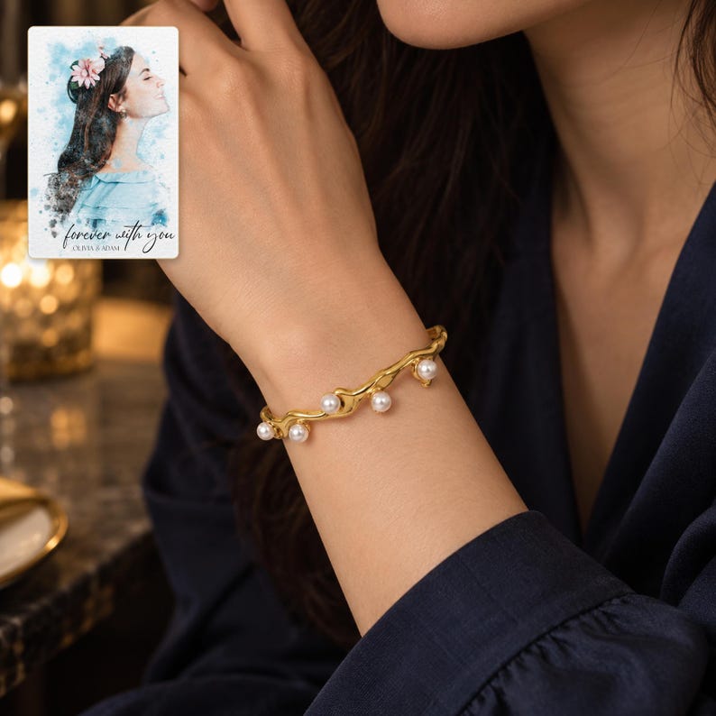 Gold Tone Cuff Bracelet, worn with evening clothing. A sample personalized digital greeting card is shown alongside.