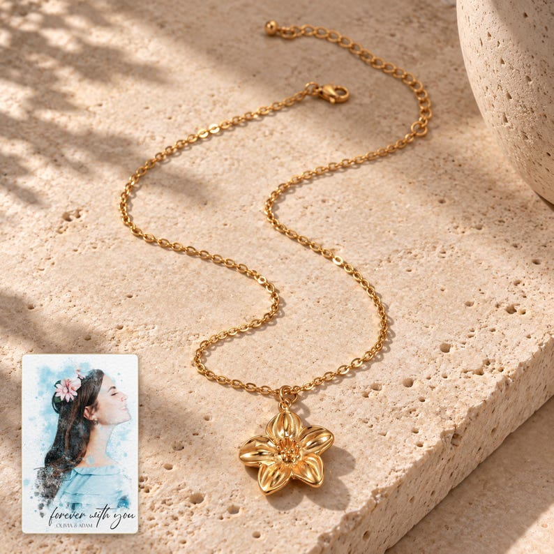 Gold Tone Flower Necklace, shown in natural light. A sample personalized digital greeting card is shown alongside.