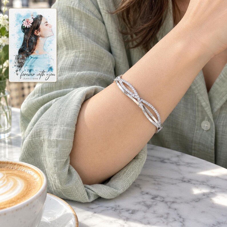 Crossover Bangle Bracelet, worn with daytime clothing. A sample personalized digital greeting card is shown alongside.