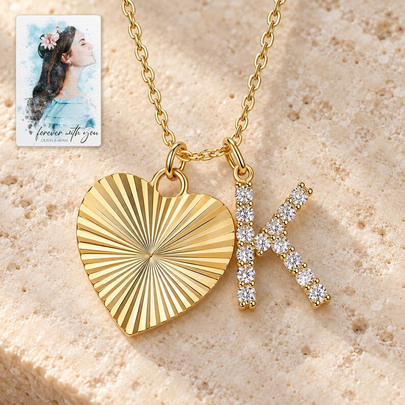 K Initial Heart Necklace, hero view. A personalized digital greeting card is shown alongside.