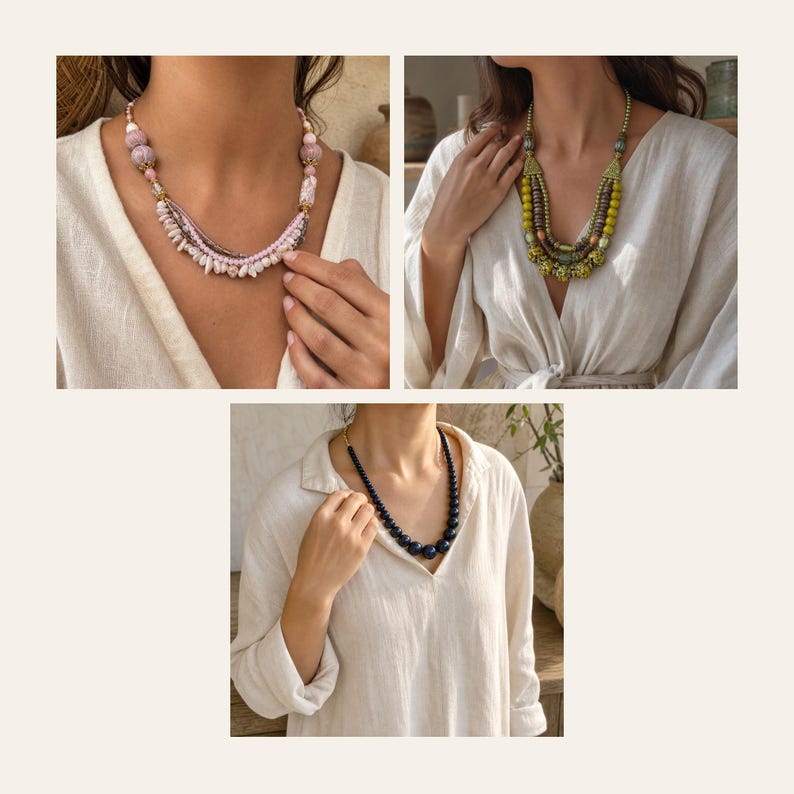 May include: A collection of three necklaces: one featuring layered pink and white beads, a second with multi-strand olive green and metallic beads, and a third consisting of a single strand of smooth, dark navy blue spherical beads.