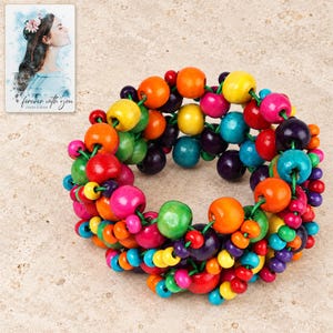 Rainbow Bead Bracelet shown as the main Etsy hero photograph with a clear view of the complete design. A personalized digital greeting card is shown alongside.