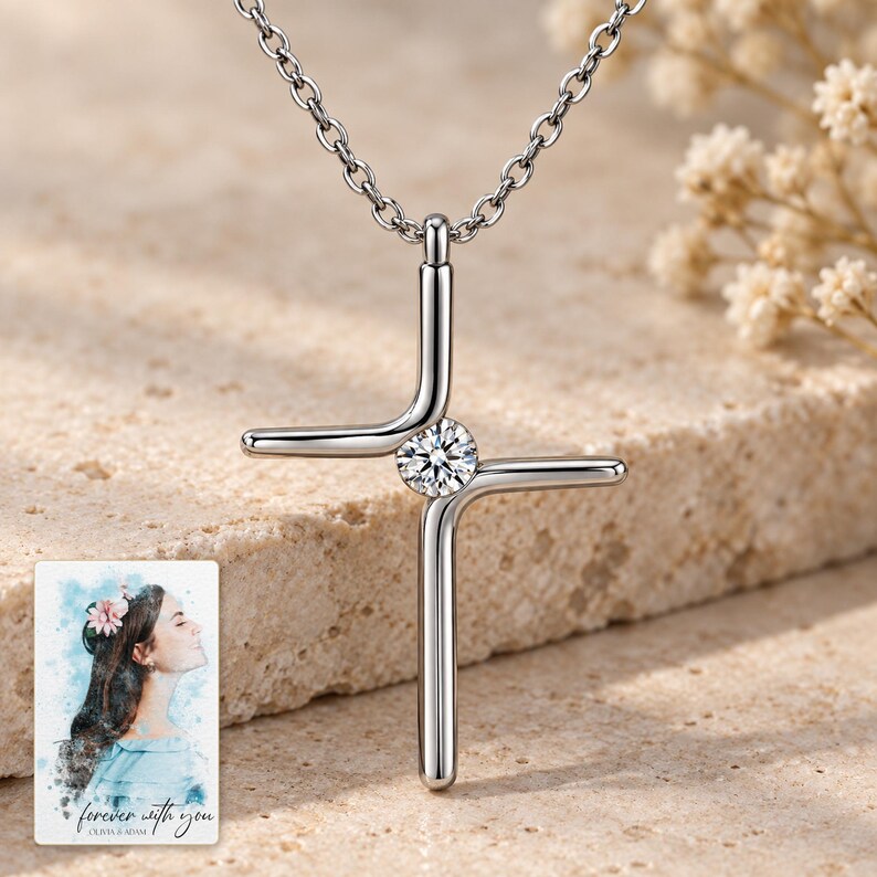 Cross Pendant Necklace, close-up of the details. A sample personalized digital greeting card is shown alongside.