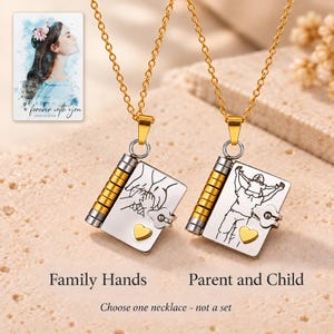 Opening Book Necklace, variation comparison view. A personalized digital greeting card is shown alongside.