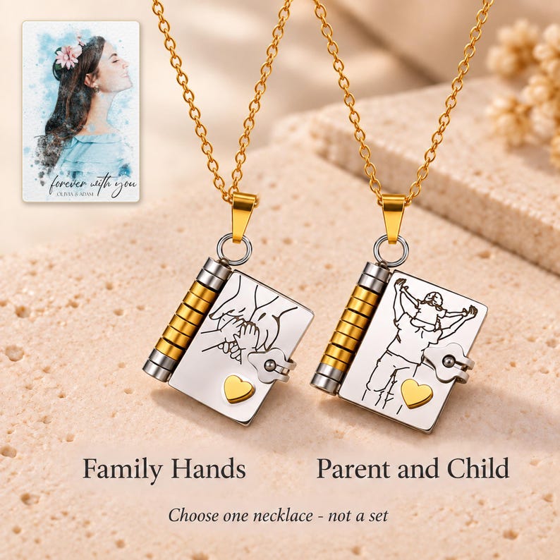 Opening Book Necklace, variation comparison view. A personalized digital greeting card is shown alongside.