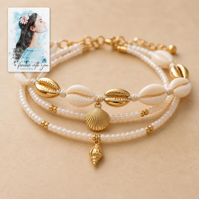 Beach Muse Three-Piece Shell Anklet Set shown during a warm gift-receiving moment between adults with the exact jewelry visible.