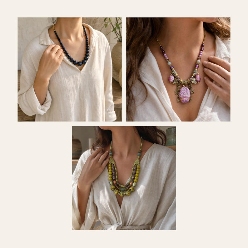 May include: A collection of three necklaces: one featuring dark blue spherical beads, another with purple and pink textured stones on a bronze chain, and a third with multi-layered green and brown beads on a gold-toned chain.