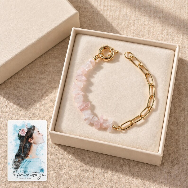 Pink Chip Bead Bracelet, gift box view. A personalized digital greeting card is shown alongside.