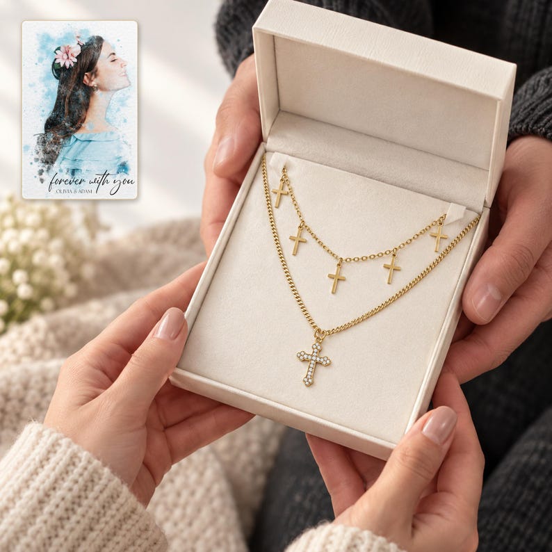 Golden Faith Layered Cross Necklace shown during a warm gift-receiving moment between adults with the jewelry visible. A personalized digital greeting card is shown alongside.