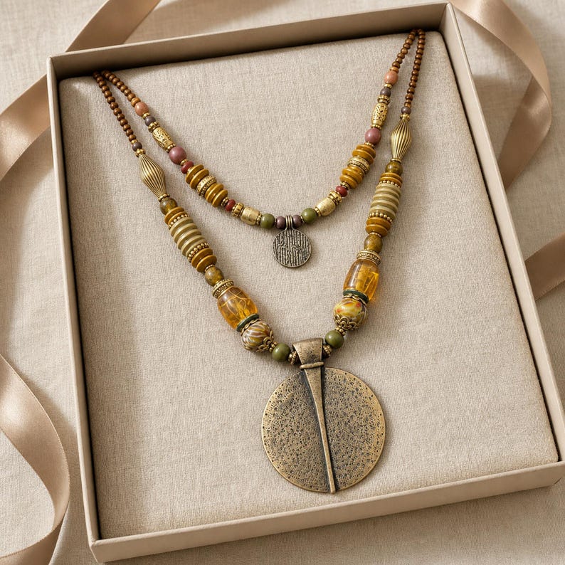 May include: A multi-strand beaded necklace featuring a large, circular, textured bronze-toned pendant. The design incorporates various beads in shades of amber, olive green, brown, and metallic gold, arranged in a layered pattern with smaller circular charms.