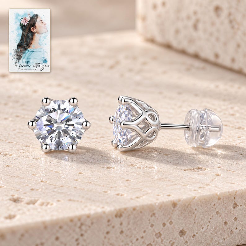Moissanite Stud Earrings, shown on a display surface. A sample personalized digital greeting card is shown alongside.