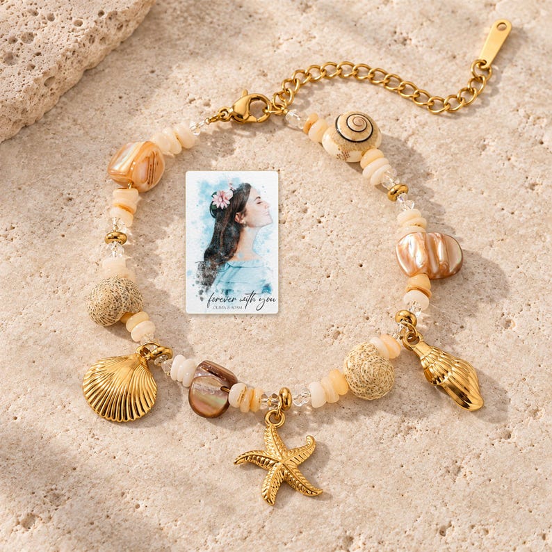 Shell Charm Bracelet, shown on a display surface. A sample personalized digital greeting card is shown alongside.