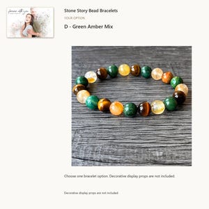 Multicolor round bead bracelet: D - Green Amber Mix. One selected bracelet; decorative display props are not included. Optional digital greeting card shown.