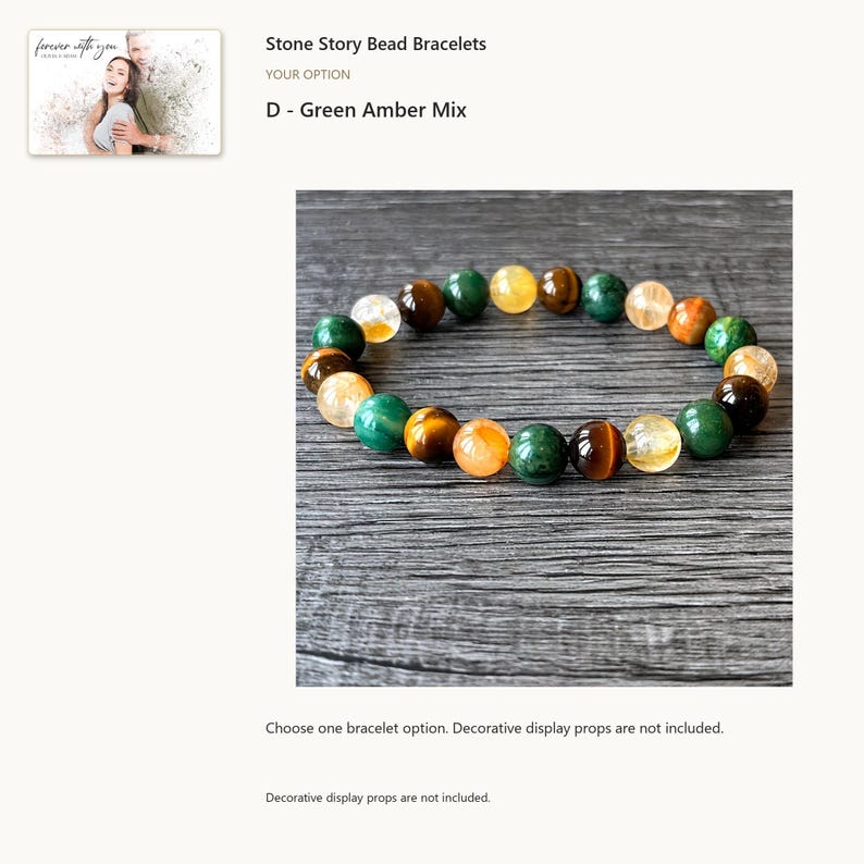 Multicolor round bead bracelet: D - Green Amber Mix. One selected bracelet; decorative display props are not included. Optional digital greeting card shown.