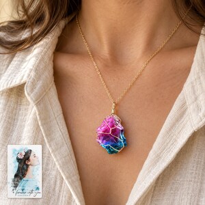 Rainbow Stone Necklace, worn by an adult. A sample personalized digital greeting card is shown alongside.