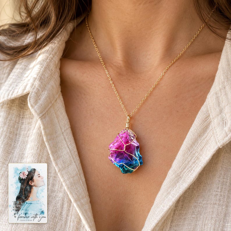 Rainbow Stone Necklace, worn by an adult. A sample personalized digital greeting card is shown alongside.