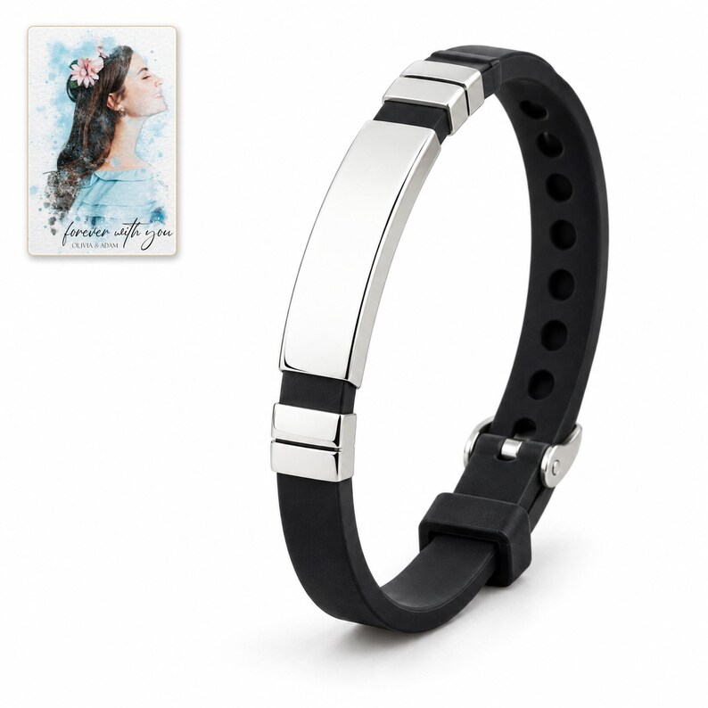 White-background view of the black strap bracelet showing its silver-tone bar, segmented end accents and adjustable fastening. A personalized digital greeting card is shown alongside.