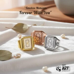 May include: Three rings with watch faces in gold, rose gold, and silver tones. The rings have rectangular faces with Roman numeral hour markers and hands. The text "Timeless Moments, Forever With You" is displayed.