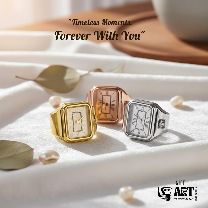 May include: Three rings with watch faces in gold, rose gold, and silver tones. The rings have rectangular faces with Roman numeral hour markers and hands. The text "Timeless Moments, Forever With You" is displayed.