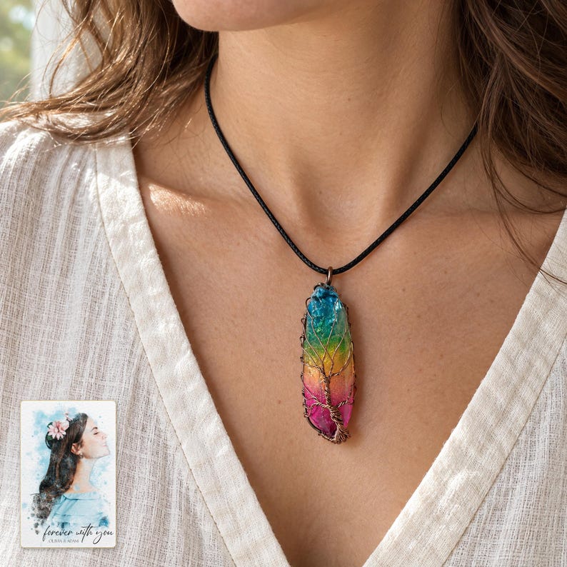 Rainbow Tree Stone Necklace, worn by an adult. A sample personalized digital greeting card is shown alongside.