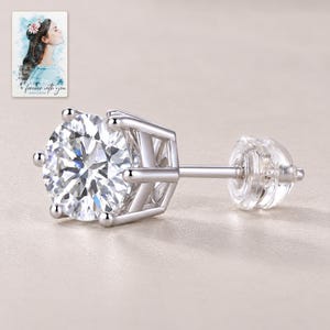 Moissanite Stud Earrings, close-up of the details. A sample personalized digital greeting card is shown alongside.