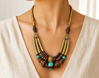 Three Strand Beaded Necklace, Brown and Gold Tone with Turquoise Color Accents
